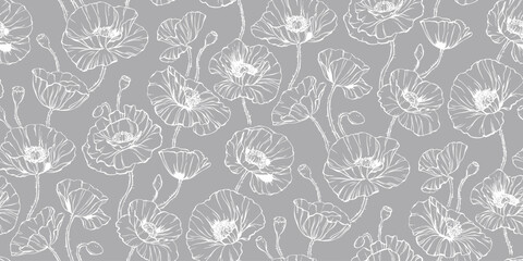 Elegant floral seamless pattern poppies - line illustration. Delicate print of flowers, petals, buds, nature. Doodle two-color black and white silhouette repeat background. Simple vector graphics.