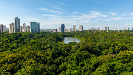 Aerial View of Maringa, Cathedral and downtown. Several buildings. Paraná, Brazil.