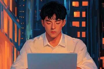 A focused individual works on a laptop at night, surrounded by glowing city lights, exuding a sense of concentration and modern lifestyle.