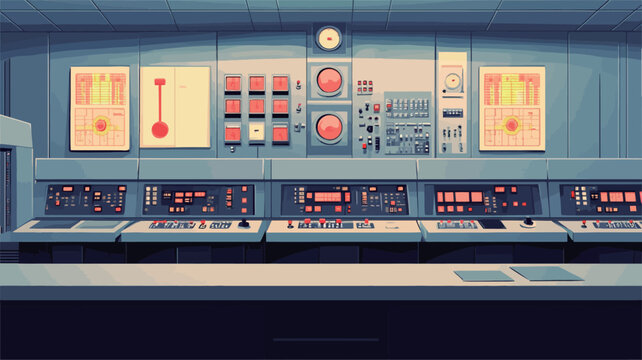 The image shows a detailed illustration of a retro-styled control room panel.  The color palette is primarily muted blues and greys, accented with warm orange-red hues on certain buttons and