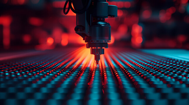 A close-up of a precision robotic tool working on a textured surface, illuminated by dramatic red and blue lights, showcasing advanced technology in action.
