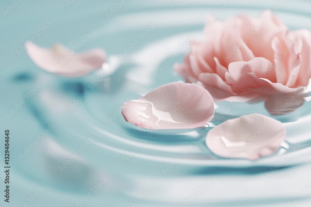 Poster peony petals delicately float in clear water, creating gentle ripples that form calming patterns. th
