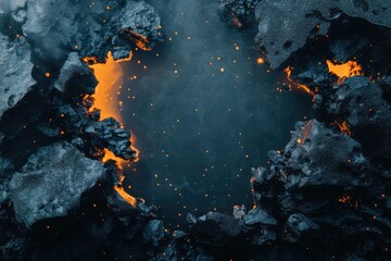 A close-up view of molten lava surrounded by blackened rock, showcasing the intense heat and fiery glow emanating from the earth's core.