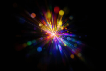Vibrant light rays burst from central glow, scattered bokeh