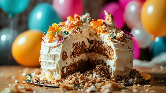 A broken and damaged cake with smudged frosting and pieces crumbling off on a table with colorful balloons on background. Unfortunate or ruined birthday celebration	