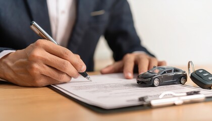Fototapeta premium A professional signing a contract with a miniature car and keys on the table, symbolizing automotive deals.
