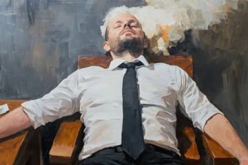 A man in a white shirt and black tie reclines, seemingly in a moment of relaxation or contemplation, surrounded by an abstract, smoky background.