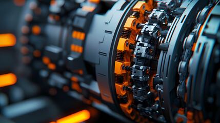 Fototapeta premium A close-up view of a futuristic machine component featuring intricate details and vibrant orange accents against a dark background.