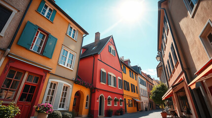 Naklejka premium A low-angle perspective photo of a cute cozy European town on a sunny morning, showcasing bright vibrant colors, gentle soft light