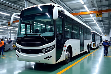 Bus manufacturing process inside modern factory industrial setting photographic perspective