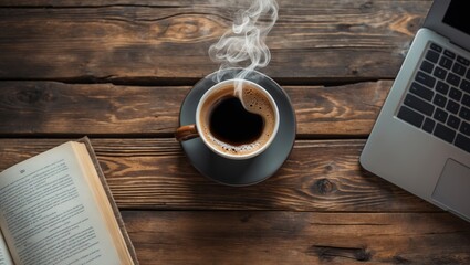 Warm coffee cup rests on a rustic wooden table beside an open book and a laptop in a cozy workspace