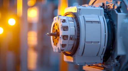 A close-up of an industrial motor showcasing intricate details and a warm, illuminated background.
