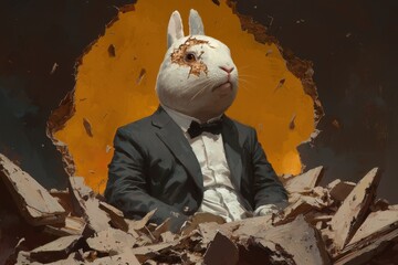 A surreal image featuring a rabbit in a tuxedo, seated amidst debris with a dramatic backdrop, combining whimsy and intensity.