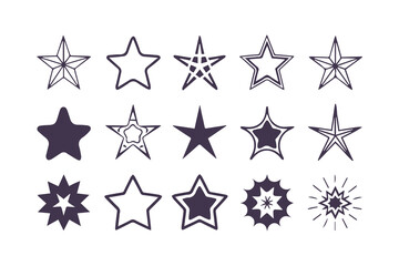Star Icon Collection, Diverse Star Shapes, Black Star Symbols, and Sparkle Vector Clipart Isolated Illustration.