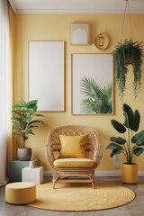 Bright and inviting interior featuring minimalist decor and vibrant yellow tones in a cozy living space