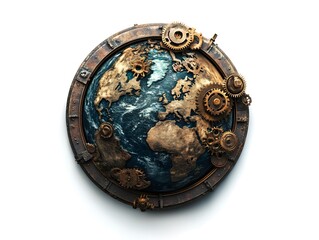 A mechanical Earth with gears and cogs turning inside, steampunk aesthetic. 3D animation, white background transparency.