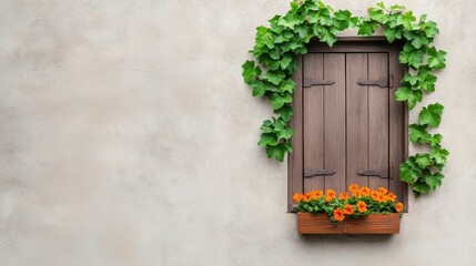 Rustic Wooden Window with Ivy and Orange Flowers on Textured Wall
