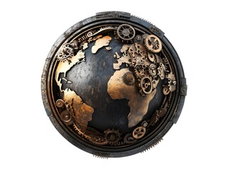 A mechanical Earth with gears and cogs turning inside, steampunk aesthetic. 3D animation, white background transparency.