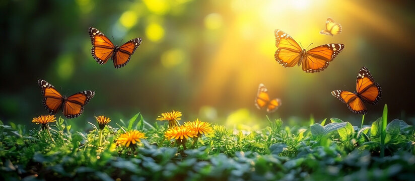 Fototapeta in the green grass, there is a close-up yellow dandelion flower and several butterflies flying around it