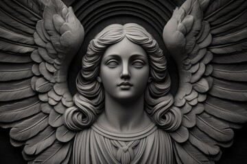 A detailed sculpture of an angel with wings, featuring a serene expression and flowing hair, set against a textured background.