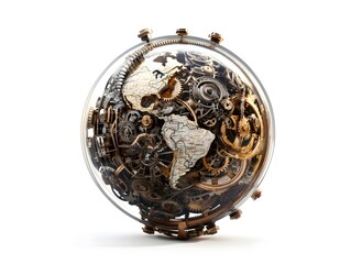 A mechanical Earth with gears and cogs turning inside, steampunk aesthetic. 3D animation, white background transparency.