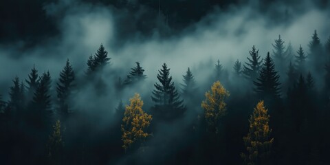 Fototapeta premium Misty Forest Serenity: A tranquil, atmospheric scene of a misty forest, capturing the ethereal beauty of nature. A mix of evergreen and deciduous trees are partially obscured by thick fog.