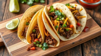  Savory Hard Shell Tacos with Beef, Cheese, and Veggies Served on a Wooden Cutting Board with Salsa