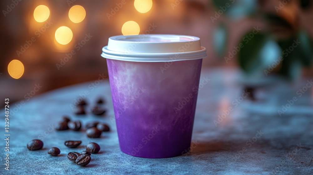 Poster a colorful coffee cup sits on a table, surrounded by scattered coffee beans. soft lights in the back
