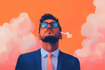 A stylish man in glasses exhales smoke against a vibrant orange and pink sky, exuding a relaxed and confident vibe.