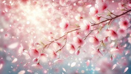 Pink cherry blossoms bloom on branches, a spring sakura beauty