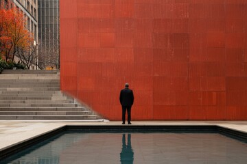 A solitary figure stands before a striking red wall, reflected in a serene pool, capturing a moment of contemplation in an urban setting.