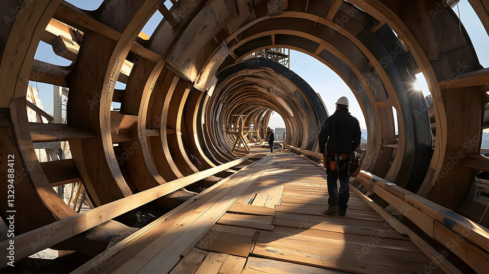 Poster man walking through a tunnel showcasing curvilinear implementations and architectural elements in a 