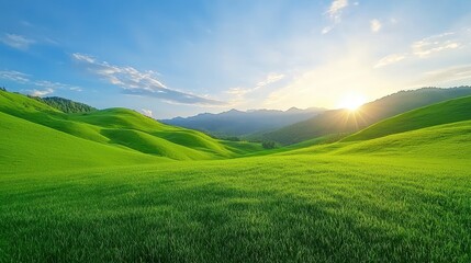 Obraz premium Rolling green hills meet the mountains under a bright sunrise