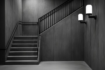 A minimalist black and white image showcasing a staircase against a textured wall, illuminated by wall-mounted lamps.