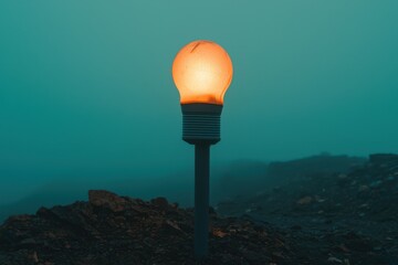A glowing light bulb stands alone in a foggy landscape, creating an ethereal atmosphere with its warm light against a muted background.
