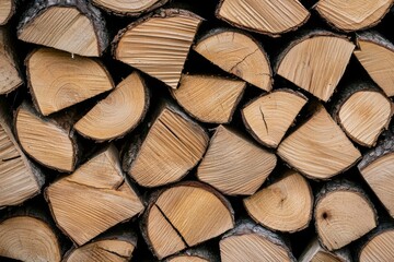 A close-up view of neatly stacked firewood logs, showcasing their natural texture and color variations.