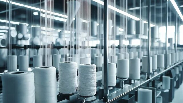 A modern yarn manufacturing factory with white yarn being wound onto spools filled with different types of yarn. Process of yarn production in a contemporary textile facility	