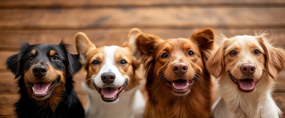 group of happy dogs of various breeds and sizes, showcasing their playful nature and friendly expressions. Their fur colors range from black to golden, creating vibrant scene