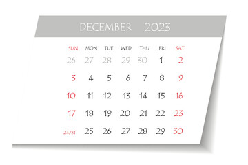 December 2023 calendar planner. Corporate week. Template layout, 12 months yearly, white background. Simple design for business brochure, flyer, print media, advertisement. Week starts from Monday.
