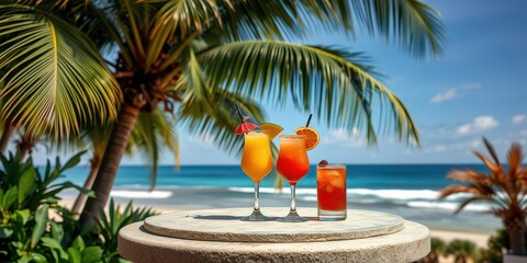 Obraz premium Tropical cocktails on a stone table, surrounded by lush palm trees and the ocean horizon in the distance.