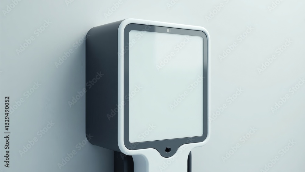 Poster a close-up view of a modern, electronic device with a blank screen mounted on a wall