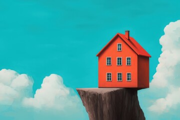 A vivid illustration of an orange house perched on a cliff, set against a bright blue sky with fluffy clouds, evoking a sense of whimsy and isolation.