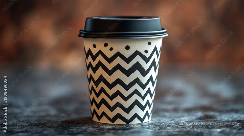 Aufkleber A coffee cup featuring a unique zigzag pattern sits on a textured surface. Bright lighting enhances the cup's design, creating a warm atmosphere.