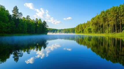 Fototapeta premium Serene lake mirroring lush green forested shores