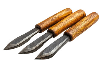 Fototapeta premium Three Handcrafted Wood Carving Tools, Showcasing Sharp, Dark Grey Steel Blades And Warm, Rich Wooden Handles Against A Clean Isolated on Transparent Background