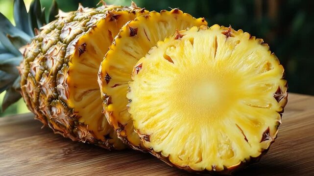 Closeup sequence of fresh pineapple slices on wooden surface, fruit ananas