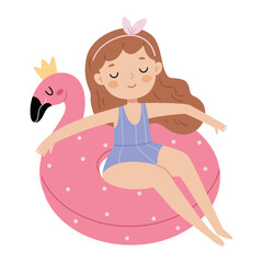 Cute girl in a swimsuit on an inflatable circle in the shape of a flamingo. Summer illustration.