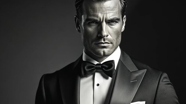 Elegant man wearing tuxedo posing on black background, monochrome portrait concept