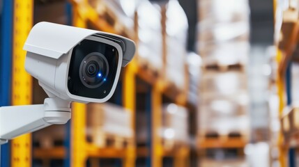 A security camera monitors a warehouse environment filled with neatly stacked boxes, emphasizing safety and surveillance.