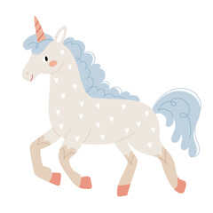 Fairytale unicorn in a heart pattern in Scandinavian style in pastel colors. Children's print.